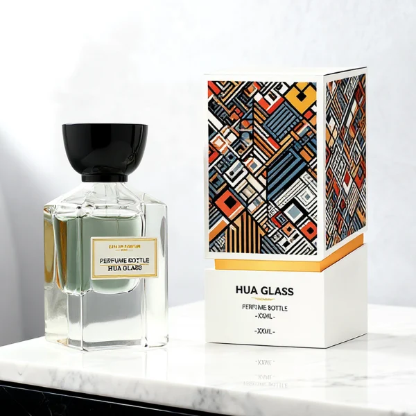 HUA0417 perfume bottle, luxury square glass bottle with a heavy base and high-transparency finish showing colored liquid, featuring a gold-bordered square paper label and a unique tapered cup-shaped plastic cap in glossy black or matte brown, modern elegant fragrance packaging design available in 30ml and 50ml