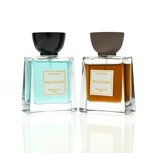 HUA0418 perfume bottle, luxury trapezoidal square glass bottle with a frosted matte multi-color finish in green, pink, blue, or yellow, featuring a bordered square paper label and a unique glossy black tapered cup-shaped plastic cap, modern elegant fragrance packaging design available in 30ml, 50ml, and 100ml