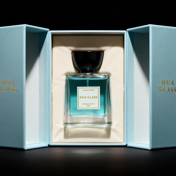 HUA0418 perfume bottle, luxury trapezoidal square glass bottle with a frosted matte multi-color finish in green, pink, blue, or yellow, featuring a bordered square paper label and a unique glossy black tapered cup-shaped plastic cap, modern elegant fragrance packaging design available in 30ml, 50ml, and 100ml