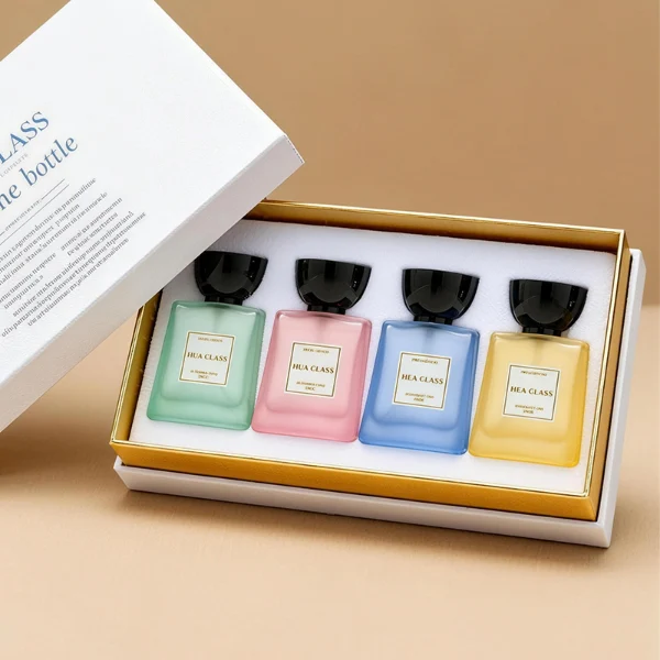 HUA0418 perfume bottle, luxury trapezoidal square glass bottle with a frosted matte multi-color finish in green, pink, blue, or yellow, featuring a bordered square paper label and a unique glossy black tapered cup-shaped plastic cap, modern elegant fragrance packaging design available in 30ml, 50ml, and 100ml