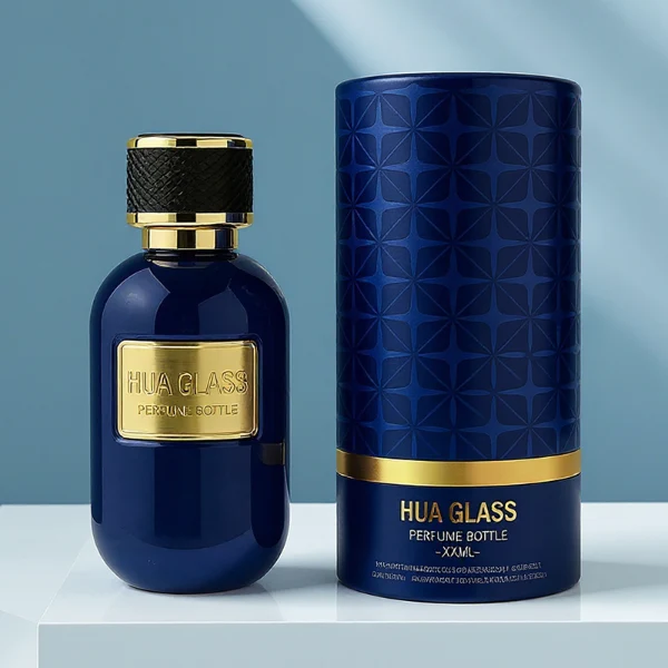 HUA0420 perfume bottle, luxury 100ml rounded oval glass bottle with translucent deep multi-color finish in red, grey, green, or brown, featuring a gold-colored aluminum label and a black textured leather-wrapped plastic cap with gold-colored trim, modern elegant fragrance packaging design
