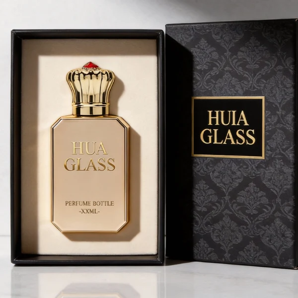 HUA0422 perfume bottle, luxury electroplated beveled corner square glass bottle with mirror gloss finish in gold or rose gold, featuring a unique crown-shaped zamak cap with a red gemstone tip, premium regal fragrance packaging design available in 30ml, 50ml, and 100ml