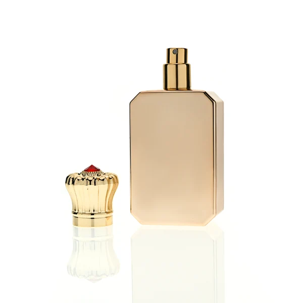HUA0422 perfume bottle, luxury electroplated beveled corner square glass bottle with mirror gloss finish in gold or rose gold, featuring a unique crown-shaped zamak cap with a red gemstone tip, premium regal fragrance packaging design available in 30ml, 50ml, and 100ml