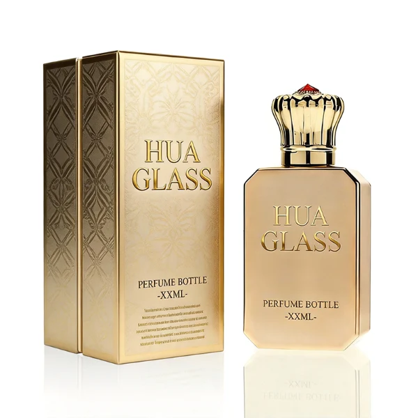 HUA0422 perfume bottle, luxury electroplated beveled corner square glass bottle with mirror gloss finish in gold or rose gold, featuring a unique crown-shaped zamak cap with a red gemstone tip, premium regal fragrance packaging design available in 30ml, 50ml, and 100ml