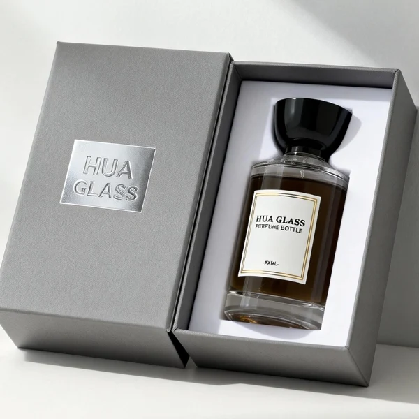 HUA0424 perfume bottle, luxury heavy-base cylindrical glass bottle with translucent deep multi-color finish, featuring a gold-bordered square paper label, a black neck ring, and a unique glossy black tapered cup-shaped plastic cap, modern elegant fragrance packaging design available in 30ml, 50ml, and 100ml