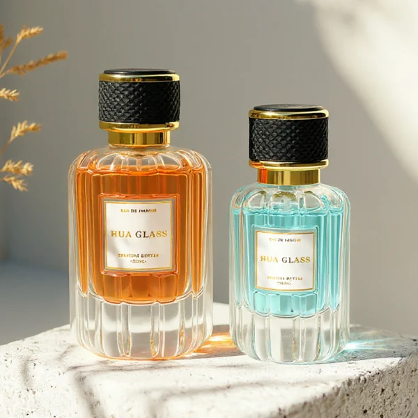 HUA0425 perfume bottle, luxury heavy-base vertical ribbed cylindrical glass bottle with high-transparency finish showing colored liquid, featuring a gold-bordered square paper label and a black textured leather-wrapped plastic cap with gold-colored trim, modern elegant fragrance packaging design available in 30ml, 50ml, and 100ml
