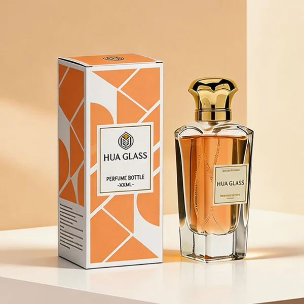 HUA0427 perfume bottle, luxury heavy-base tapered faceted glass bottle with high-transparency finish showing colored liquid, featuring a gold-bordered square paper label and a unique wavy crown-shaped zamak cap with a high-shine gold or silver finish, modern elegant fragrance packaging design available in 50ml and 75ml