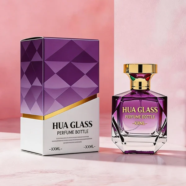 HUA0428 perfume bottle, luxury heavy-base multi-faceted angular square glass bottle with high-transparency finish showing colored liquid, featuring a matching gold-colored neck collar and an ornate crown-style zamak cap with a high-shine gold finish, premium regal fragrance packaging design available in 30ml, 50ml, and 100ml