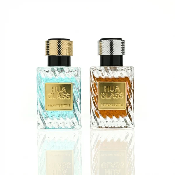 HUA0435 perfume bottle, luxury 50ml angular square glass bottle with wavy sculpted embossed patterns and translucent deep multi-color finish, featuring a metallic gold aluminum label and a glossy black cylindrical plastic cap encased with a textured silver-colored knurled band, modern elegant fragrance packaging design