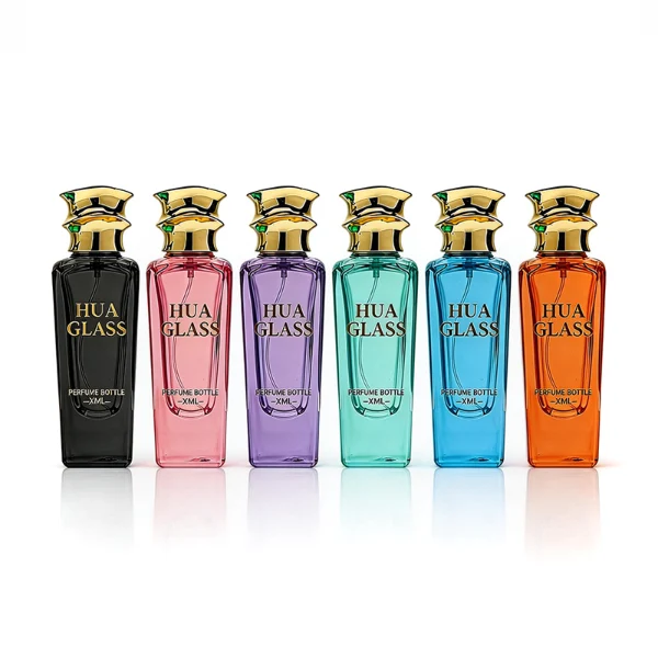 HUA0438 perfume bottle, luxury heavy-base elongated rectangular glass bottle with translucent deep multi-color finish, featuring a unique irregular bamboo-joint solid Zamak cap with a mirror-shine glossy metallic finish, modern elegant fragrance packaging design available in 50ml and 75ml