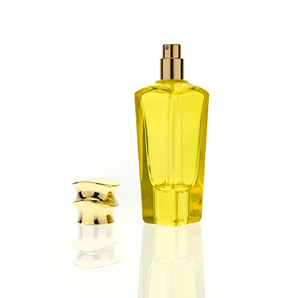 HUA0438 perfume bottle, luxury heavy-base elongated rectangular glass bottle with translucent deep multi-color finish, featuring a unique irregular bamboo-joint solid Zamak cap with a mirror-shine glossy metallic finish, modern elegant fragrance packaging design available in 50ml and 75ml