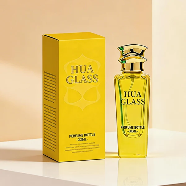 HUA0438 perfume bottle, luxury heavy-base elongated rectangular glass bottle with translucent deep multi-color finish, featuring a unique irregular bamboo-joint solid Zamak cap with a mirror-shine glossy metallic finish, modern elegant fragrance packaging design available in 50ml and 75ml