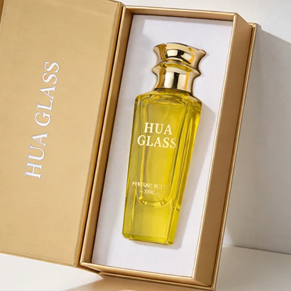 HUA0438 perfume bottle, luxury heavy-base elongated rectangular glass bottle with translucent deep multi-color finish, featuring a unique irregular bamboo-joint solid Zamak cap with a mirror-shine glossy metallic finish, modern elegant fragrance packaging design available in 50ml and 75ml