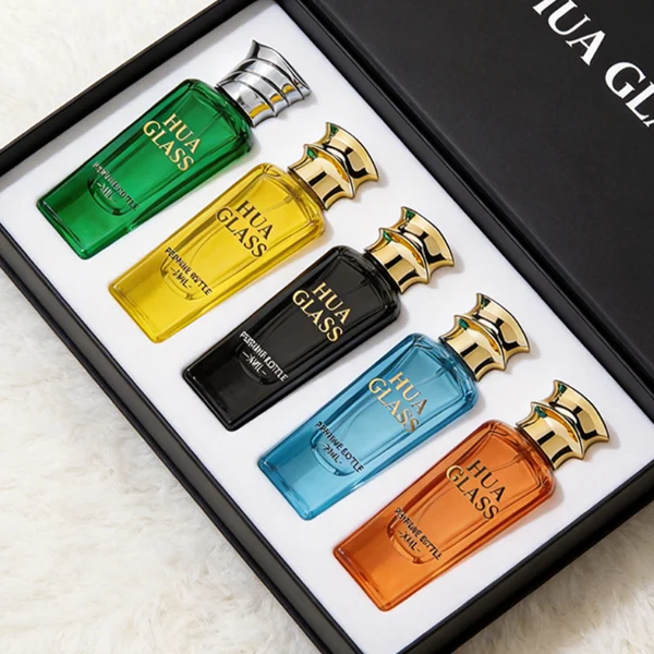 HUA0438 perfume bottle, luxury heavy-base elongated rectangular glass bottle with translucent deep multi-color finish, featuring a unique irregular bamboo-joint solid Zamak cap with a mirror-shine glossy metallic finish, modern elegant fragrance packaging design available in 50ml and 75ml