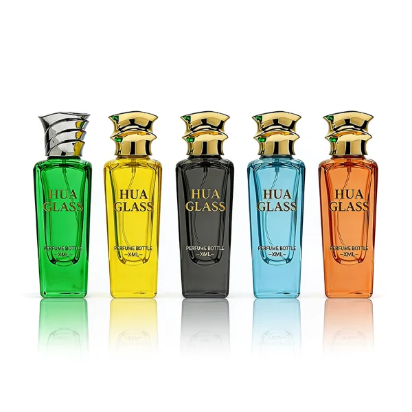 HUA0438 perfume bottle, luxury heavy-base elongated rectangular glass bottle with translucent deep multi-color finish, featuring a unique irregular bamboo-joint solid Zamak cap with a mirror-shine glossy metallic finish, modern elegant fragrance packaging design available in 50ml and 75ml