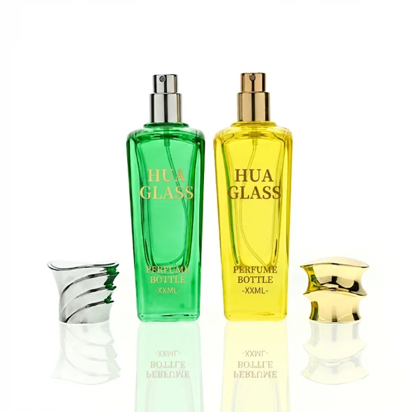 HUA0438 perfume bottle, luxury heavy-base elongated rectangular glass bottle with translucent deep multi-color finish, featuring a unique irregular bamboo-joint solid Zamak cap with a mirror-shine glossy metallic finish, modern elegant fragrance packaging design available in 50ml and 75ml
