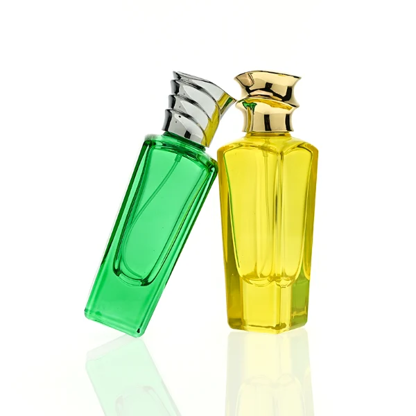 HUA0438 perfume bottle, luxury heavy-base elongated rectangular glass bottle with translucent deep multi-color finish, featuring a unique irregular bamboo-joint solid Zamak cap with a mirror-shine glossy metallic finish, modern elegant fragrance packaging design available in 50ml and 75ml