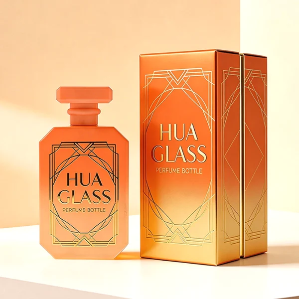 HUA0443 perfume bottle showcases a square angular glass body in vibrant frosted, solid, and gradient color options. It is crowned with artistic plastic caps featuring crown, cube, and diamond-cut shapes. Designed for wholesalers, it provides 30ml, 50ml, and 100ml choices, combining aesthetic variety with durable design for diverse fragrance lines.