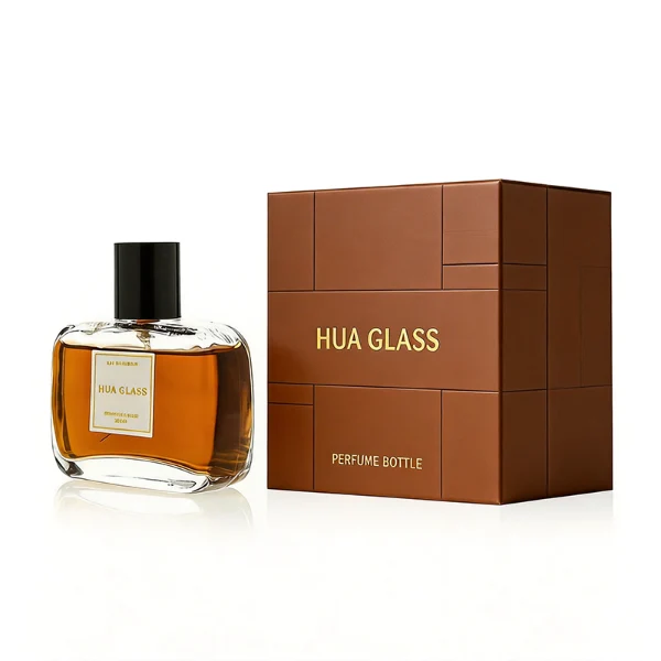 HUA0446 perfume bottle features a clear rounded and short rectangular glass body paired with a sleek cylindrical black or white plastic cap. Designed for wholesalers, it offers a 50ml capacity option, combining a modern minimalist style with durable functionality for diverse cosmetic fragrance lines.