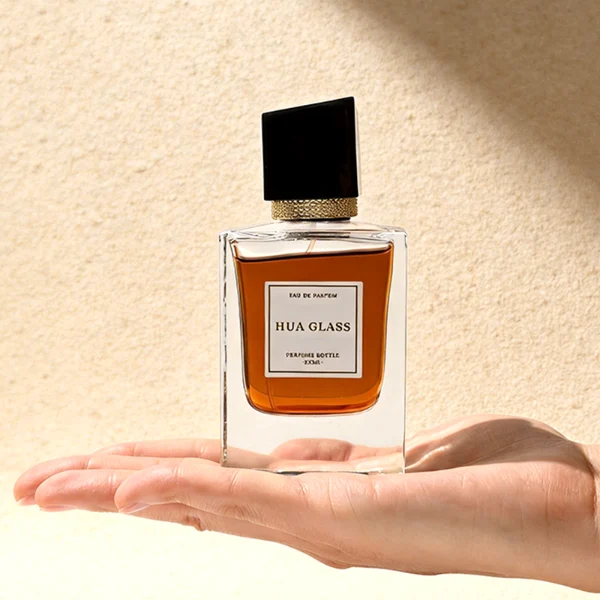 HUA0447 perfume bottle features a clear, thick-bottomed rectangular glass body with a modern cube-shaped plastic cap. Designed for wholesalers, it offers a 50ml capacity option, combining a sleek angular design with durable functionality for premium fragrance lines.