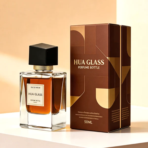 HUA0447 perfume bottle features a clear, thick-bottomed rectangular glass body with a modern cube-shaped plastic cap. Designed for wholesalers, it offers a 50ml capacity option, combining a sleek angular design with durable functionality for premium fragrance lines.