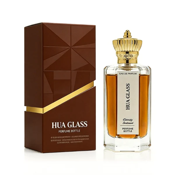 HUA0451 perfume bottle features a clear hexagonal glass body paired with an ornate crown-shaped plastic cap in gold or silver. Designed for wholesalers, it offers 50ml and 100ml choices, combining a regal aesthetic with structural durability for diverse fragrance lines.
