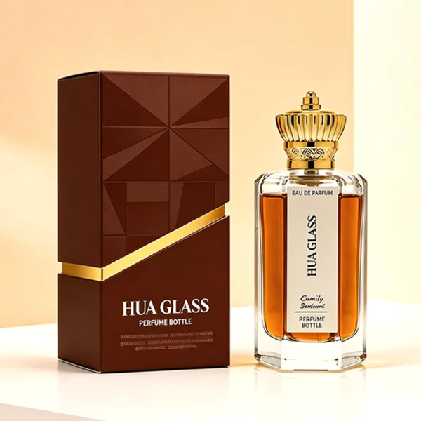 HUA0451 perfume bottle features a clear hexagonal glass body paired with an ornate crown-shaped plastic cap in gold or silver. Designed for wholesalers, it offers 50ml and 100ml choices, combining a regal aesthetic with structural durability for diverse fragrance lines.