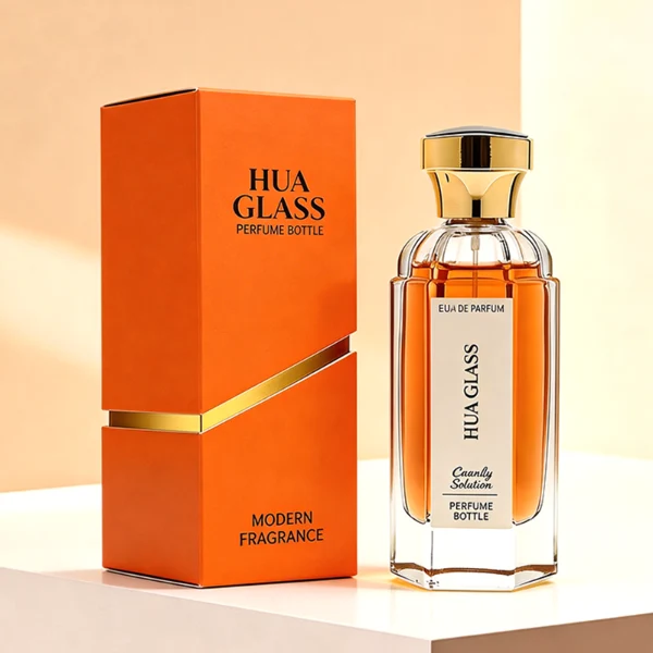 two tall clear hexagonal glass perfume bottles hold teal and amber liquids. The left bottle has a glossy silver cap, while the right bottle is topped with a polished gold cap.