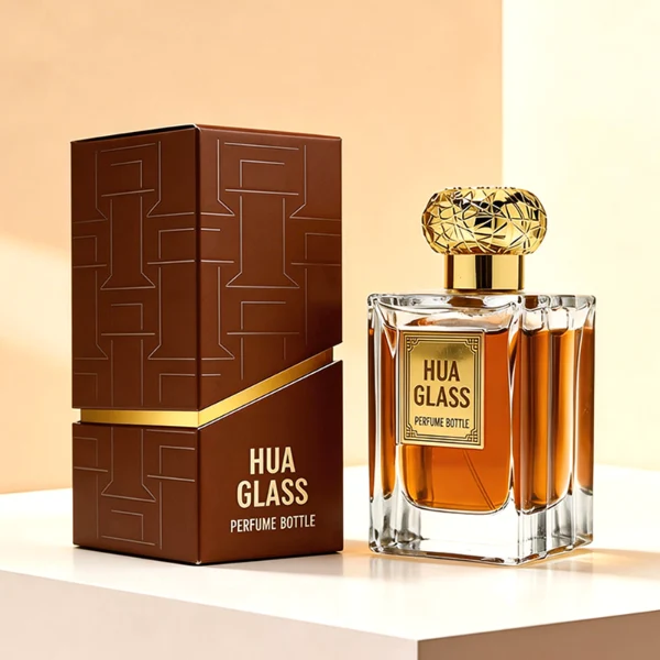 HUA0454 perfume bottle showcases a clear, thick-walled rectangular glass body with an ornate, textured round plastic cap in gold or silver. Designed for wholesalers, it offers 50ml and 100ml capacities, combining a sleek angular profile with a highly decorative cap style.