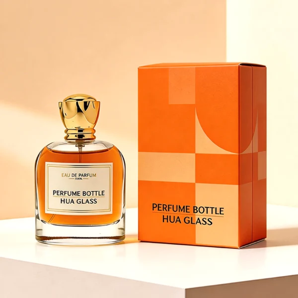 HUA0456 perfume bottle features a rounded, curved clear glass body paired with a unique crown-like glossy golden plastic cap. Designed for wholesalers, it offers 50ml and 100ml capacity options, combining an elegant silhouette with practical durability.