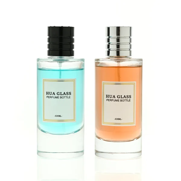 HUA0458 perfume bottle features a clear, thick-bottomed cylindrical glass body paired with a ribbed cylindrical plastic cap in black, brown, or silver.  it offers 80ml and 85ml capacity choices, combining a classic round profile with reliable durability for wholesale fragrance markets.