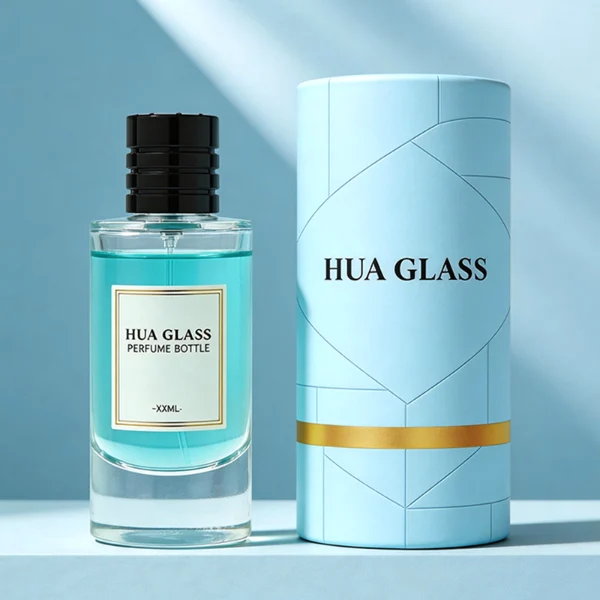 HUA0458 perfume bottle features a clear, thick-bottomed cylindrical glass body paired with a ribbed cylindrical plastic cap in black, brown, or silver. it offers 80ml and 85ml capacity choices, combining a classic round profile with reliable durability for wholesale fragrance markets.