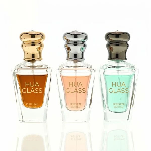 HUA0459 perfume bottle, features an architectural, angular clear glass body with a tapered silhouette, paired with a heavy metallic crown-shaped Zamac cap. Designed for luxury wholesalers, it offers a 50ml capacity option blending upscale geometric lines with premium durability.