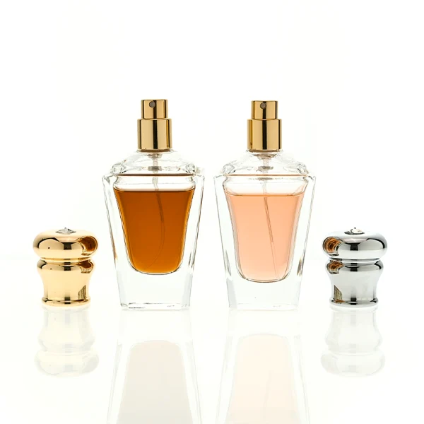 HUA0459 perfume bottle, features an architectural, angular clear glass body with a tapered silhouette, paired with a heavy metallic crown-shaped Zamac cap. Designed for luxury wholesalers, it offers a 50ml capacity option blending upscale geometric lines with premium durability.