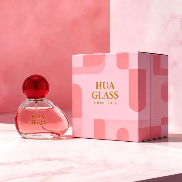 HUA0460 perfume bottle features an asymmetrical, organic pebble-shaped clear glass body paired with a glossy spherical ball cap in blue, red, or pink, it offers a 50ml capacity option, blending a playful geometric profile with high wholesale utility.