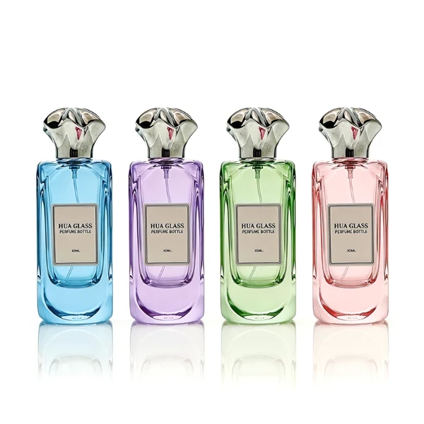 A luxury rectangular perfume bottle featuring a thick, rounded clear glass base and a heavy metallic crown-shaped Zamac cap in gold, silver, or black.