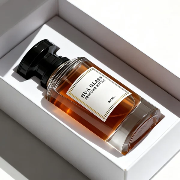 A thick-bottomed cylindrical glass perfume bottle featuring a round, curved profile with gradient color finish choices like black, blue, pink, or brown, topped with a uniquely styled injection-molded plastic cap in black or white.