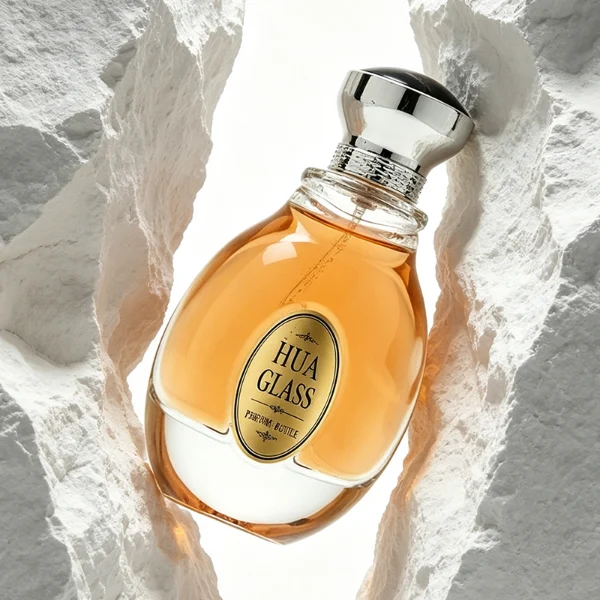 A 100ml clear glass perfume bottle with a smooth, globular curved profile and a thick base. The neck features a detailed metallic collar paired with a silver crown-motif cap topped with a dark glossy insert.