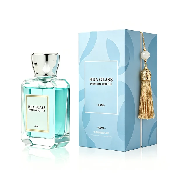 A diamond-cut rectangular glass perfume bottle with a clear, angular profile and an elegant faceted border, paired with a smooth, trapezoidal square plastic cap available in gold, silver, or matte white.