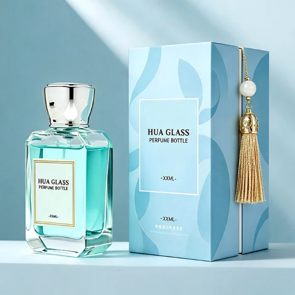 A diamond-cut rectangular glass perfume bottle with a clear, angular profile and an elegant faceted border, paired with a smooth, trapezoidal square plastic cap available in gold, silver, or matte white.