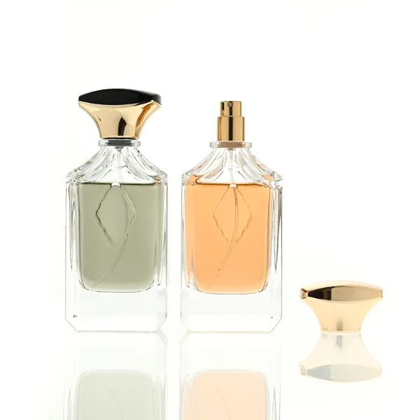 A diamond-cut rectangular clear glass perfume bottle with faceted corners and textured vertical ridges along the upper shoulders, paired with a unique flared, curved plastic cap available in solid gold or black-and-gold finish.