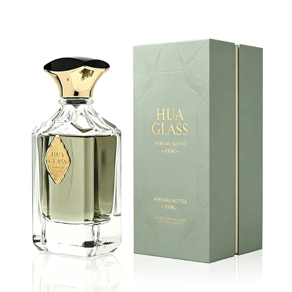 A diamond-cut rectangular clear glass perfume bottle with faceted corners and textured vertical ridges along the upper shoulders, paired with a unique flared, curved plastic cap available in solid gold or black-and-gold finish.