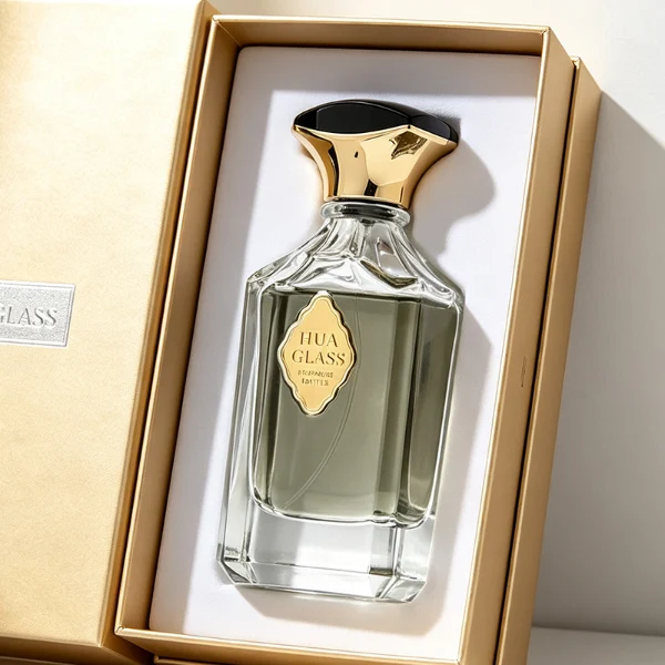 A diamond-cut rectangular clear glass perfume bottle with faceted corners and textured vertical ridges along the upper shoulders, paired with a unique flared, curved plastic cap available in solid gold or black-and-gold finish.