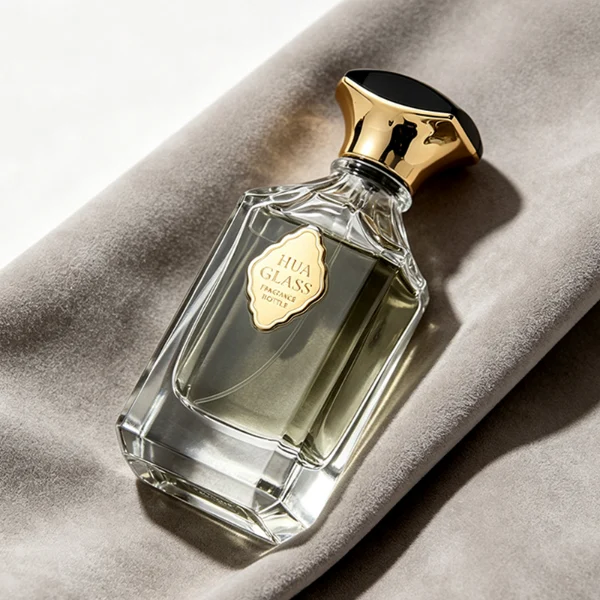 A diamond-cut rectangular clear glass perfume bottle with faceted corners and textured vertical ridges along the upper shoulders, paired with a unique flared, curved plastic cap available in solid gold or black-and-gold finish.
