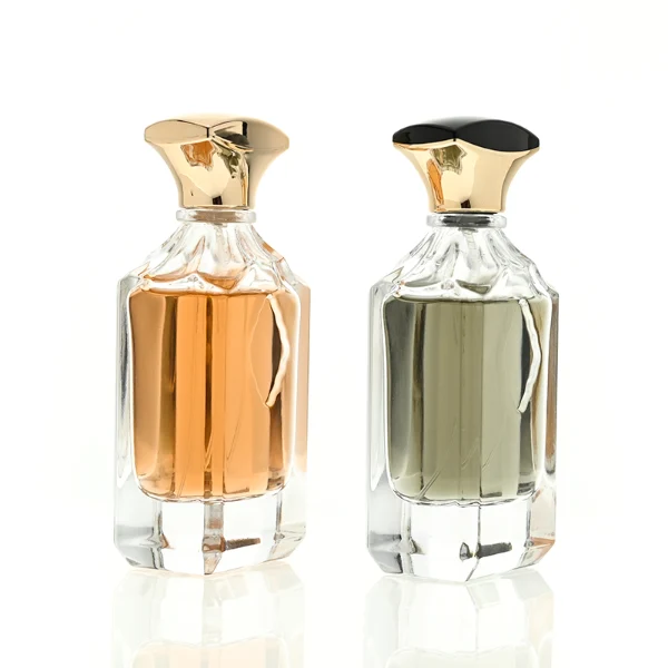 A diamond-cut rectangular clear glass perfume bottle with faceted corners and textured vertical ridges along the upper shoulders, paired with a unique flared, curved plastic cap available in solid gold or black-and-gold finish.