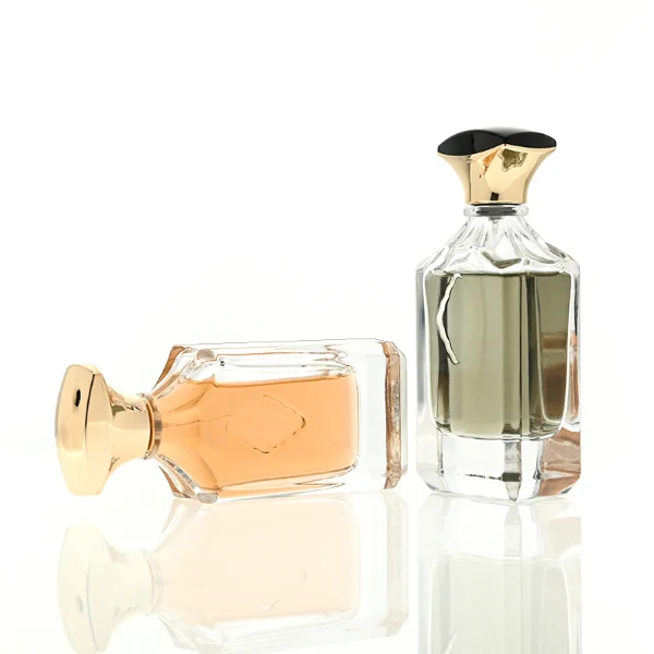 A diamond-cut rectangular clear glass perfume bottle with faceted corners and textured vertical ridges along the upper shoulders, paired with a unique flared, curved plastic cap available in solid gold or black-and-gold finish.