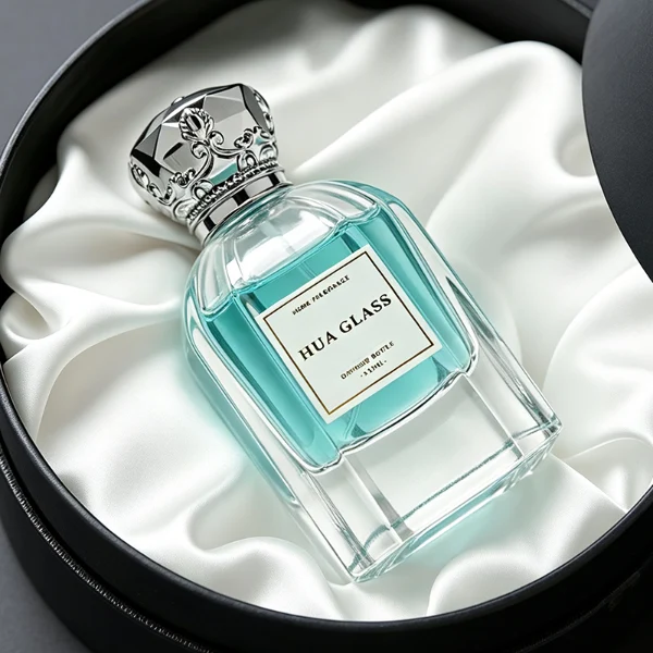 A hexagonal clear glass perfume bottle with structured vertical facets along the body, paired with an ornate, crown-shaped heavy metallic Zamac cap available in polished gold or silver.