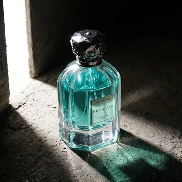 A hexagonal clear glass perfume bottle with structured vertical facets along the body, paired with an ornate, crown-shaped heavy metallic Zamac cap available in polished gold or silver.