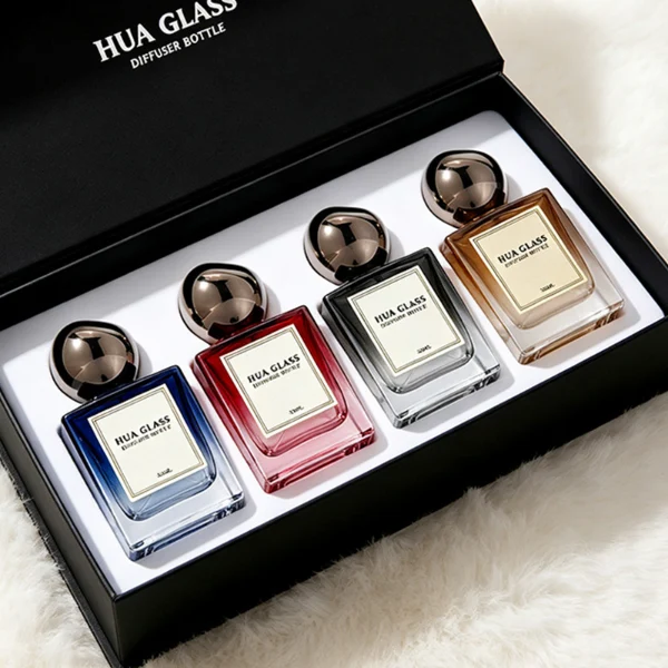 In the image, a thick-bottomed cube clear glass perfume bottle with a structured square silhouette is paired with a smooth, asymmetrical oval ellipse plastic cap available in polished gold, glossy black, or metallic brown finish.