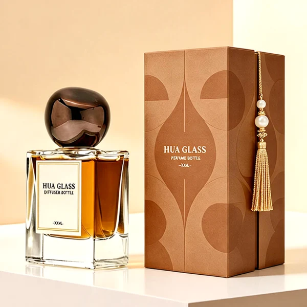 In the image, a thick-bottomed cube clear glass perfume bottle with a structured square silhouette is paired with a smooth, asymmetrical oval ellipse plastic cap available in polished gold, glossy black, or metallic brown finish.